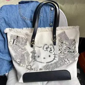 Сумка Hello Kitty, холщовая сумка с вышивкой для горячей девушки, сумка-тоут, Повседневная милая сумка, кошельки и сумочки через плечо