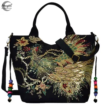 Abuyall Сумочка с вышивкой, Этническая сумка на плечо с пайетками и Павлином, Цветочный кошелек ручной работы через плечо, Женская холщовая сумка-тоут с подвесками