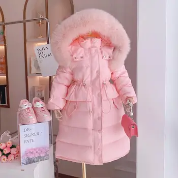 2023 AncoBear/ Зимняя пуховая куртка для девочек-подростков, Детское Флисовое Длинное пальто с капюшоном и талией, Верхняя одежда для маленьких Девочек, Детская одежда