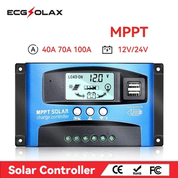 ECGSOLAX MPPT Солнечный Контроллер заряда 40A 70A 100A С ЖК-дисплеем Dual USB Max 5V 2A Выход 12V 24V Автоматический Солнечный Регулятор PV Max 50VDC