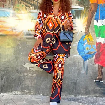 Африканский комплект из двух предметов, блузка в полоску с длинным рукавом, топы и брючные костюмы, Весенне-осенний женский комплект-футляр, соответствующий модный наряд