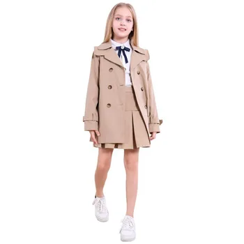 Двубортный тренч в британском стиле для девочек, Весенне-осенний Детский Повседневный жакет-ветровка, Верхняя одежда, парадные пальто для девочек от 4 до 17 лет