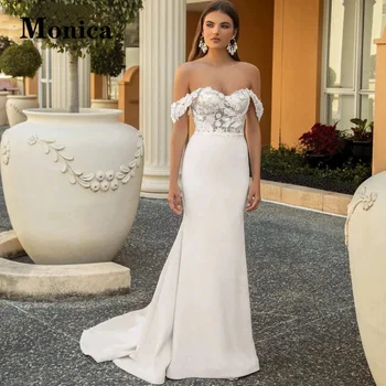 Свадебное платье с аппликацией MONICA с открытыми плечами Для невесты Классическое Атласное платье на молнии с открытой спиной, Атласный Шлейф 