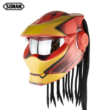 Оригинальные мотоциклетные шлемы Predator full face, Откидывающиеся с оплеткой, шлем с серебряными линзами Soman SM958