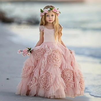 Розовые свадебные платья с цветочным узором для девочек, кружевная аппликация, оборки, Детская вечерняя одежда, Длинное пляжное праздничное платье для девочек без рукавов