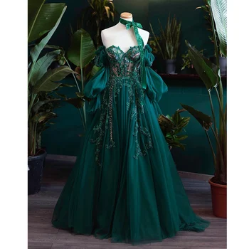 Платье для выпускного вечера, Темно-зеленое вечернее платье Трапециевидной формы с длинным рукавом-пузырем, Вечернее платье с цветочной аппликацией, Сказочное платье для женщин, Роскошная мечта