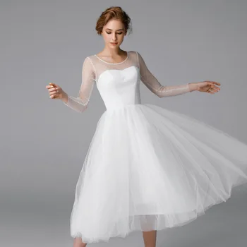 Новое простое Свадебное платье с коротким фатиновым Vestido De Noiva с круглым вырезом и длинными рукавами, Белоснежные Элегантные вечерние платья