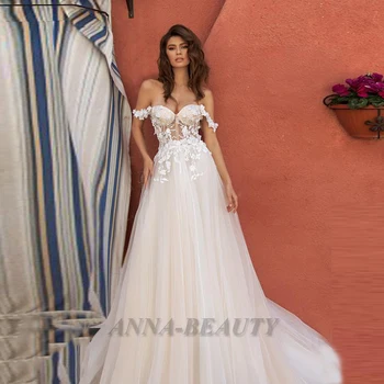 Простые свадебные платья Anna A Line 2023 Bride Sweetheart Pastrol с открытыми плечами, молния, Шлейф, Иллюзия Vestidos De Novia