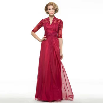 Новейшие очаровательные красные платья с высоким воротником и коротким рукавом для матери невесты, кружевные вечерние платья с аппликацией для матери, полная длина