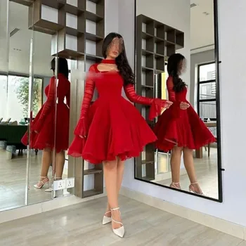 Msikoods Красные Вечерние платья длиной до колен, Атласные Платья для выпускного вечера с длинными рукавами, Саудовская Аравия, Женское Праздничное платье Vestidos De Novia
