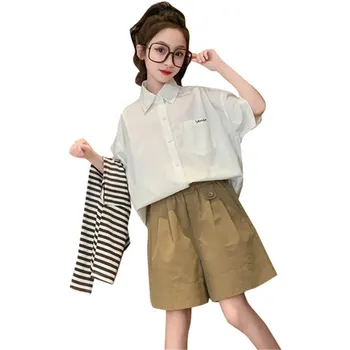 Летний Модный комплект одежды для девочек, Новый Детский палантин в полоску, рубашка + шорты, Комплект из двух предметов, Хлопковый повседневный костюм в корейском стиле для детей