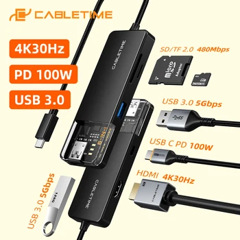 CABLETIME 6 в 1 USB C КОНЦЕНТРАТОР для PD 100 Вт HDMI 4 К 30 Гц USB 3,0 5 Гбит/с SD TF Кард-ридер для Macbook iPad Pro USB-адаптер C461