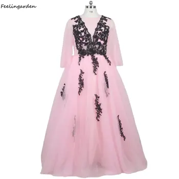 Вечернее платье Feelingarden с круглым вырезом и складками, рукава длиной до пола, аппликации, Розовые вечерние платья больших размеров, женские вечерние платья B1655