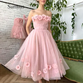 Простые платья для выпускного вечера из розового тюля Чайной длины Без бретелек, вечернее платье Трапециевидной формы с 3D цветами ручной работы 2022, Вечерние платья Принцессы Миди