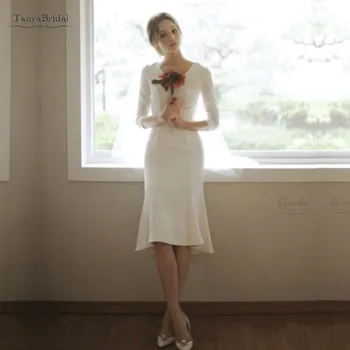 Простое Короткое Свадебное Платье с V-образным вырезом и Длинными Рукавами 