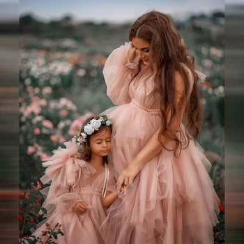 Одинаковые платья для мамы и меня, Розовое платье из тюля с цветами для девочек, Детский душ, Семейная Фотосессия, Платье для мамы и дочки на День рождения