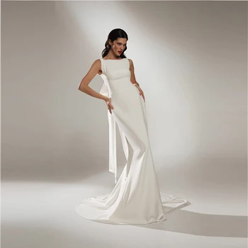 Элегантное атласное свадебное платье Русалки без рукавов 2022 для невесты с открытой спиной и бантом, свадебные платья со шлейфом