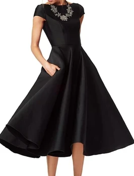 2022 Черные платья Трапециевидной формы для выпускного вечера, Элегантные атласные платья длиной до чая с драгоценными камнями, с открытой спиной, для торжественной вечеринки, Vestidos Robe De Soiree