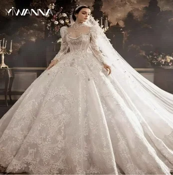 Роскошное романтическое кружевное свадебное платье с блестящими аппликациями, платье с пайетками для невесты, Классическое скромное бальное платье длиной до пола, свадебное платье