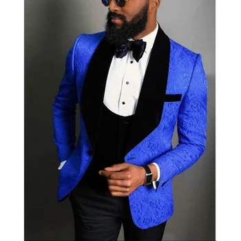 Jackquard Цветочный узор Королевский синий черный мужской костюм на заказ, смокинг для жениха, комплект из 3 предметов (куртка + жилет + брюки) Костюмы для выпускного вечера