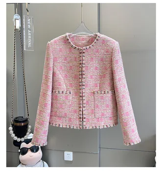 2023, Весна-осень, Французский стиль, Женские Высококачественные Розовые Твидовые куртки в клетку с карманами, пальто B736