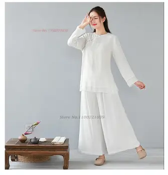 2023, китайская винтажная блузка hanfu + брюки, винтажный костюм дзен, ретро комплект из хлопка и льна, восточный национальный чайный сервиз, набор для йоги hanfu
