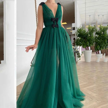 Глубокий V-образный вырез, бусины, бабочки, цвет Морской волны, Зеленое платье для выпускного Вечера, тюлевые вечерние платья Трапециевидной формы