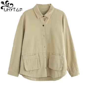 UHYTGF Новая короткая куртка для женщин, Винтажное Литературное Свободное Повседневное осеннее пальто, женский Однобортный тонкий топ, верхняя одежда, Женская 2571