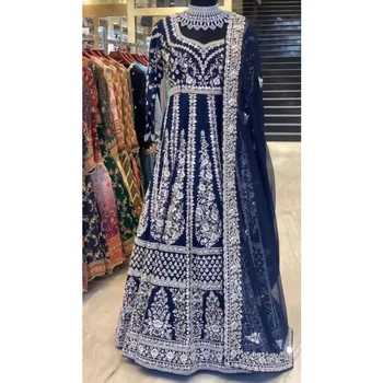 Темно-синий Индийский Комплект Салли Свадебное платье Anarkali Salwar Kameez Праздничная одежда Полностью сшитая