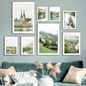 Швейцария, Природа, Зеленое Горное озеро, лодка, Настенное искусство, холст, картина, Скандинавский плакат и принты, настенная картина для декора гостиной