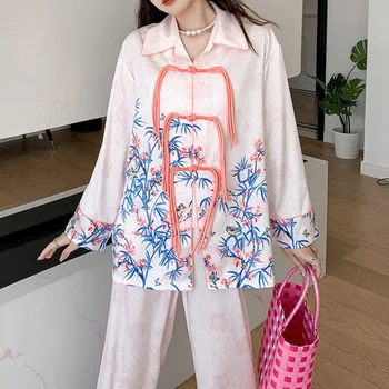 Пижама с отложным воротником, ночная рубашка в традиционном китайском стиле, домашняя одежда с принтом на винтажных пуговицах, комплект для сна из двух предметов