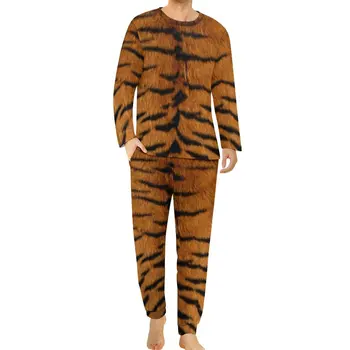 Пижамы с принтом Тигра, Осенние, 2 Предмета, Пижамные комплекты Kawaii с рисунком кожи Животного, Мужские Пижамы с Длинным рукавом и Рисунком, Большие Размеры 5XL
