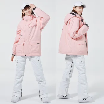 Новый женский лыжный костюм, зимняя уличная теплая ветрозащитная водонепроницаемая лыжная куртка и брюки, Женские костюмы для сноуборда, Лыжный Розовый снежный комплект
