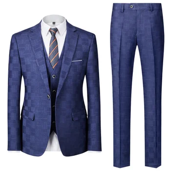Синий мужской костюм, 3 предмета, деловой Повседневный Клетчатый Тонкий Для Свадебного Банкета, Офисная Рабочая одежда, Смокинги, Комплект из куртки, жилета и брюк