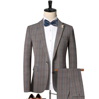 (Куртки + брюки) Мужские деловые блейзеры высокого качества из чистого хлопка/Мужское приталенное клетчатое свадебное платье жениха/Мужские костюмы из 2 предметов S-3XL