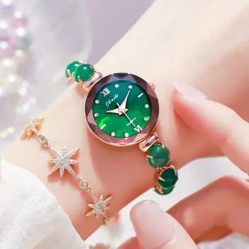Изумрудно-зеленый Природный Нефритовый камень с Зеленым Цирконом, браслет, Ювелирные изделия, Кварцевые часы для женщин