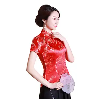 Элегантные женские Китайские цветы сливы, Короткий рукав, воротник-стойка, Пуговицы, Тонкая Блузка, Рубашка, Женская Традиционная одежда