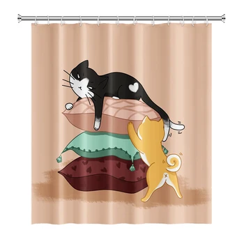 Мультфильм кошка собака печать душ занавес ванная комната водонепроницаемый ткань анти-плесень ненесущей перегородки ванная комната душ занавес с крючками