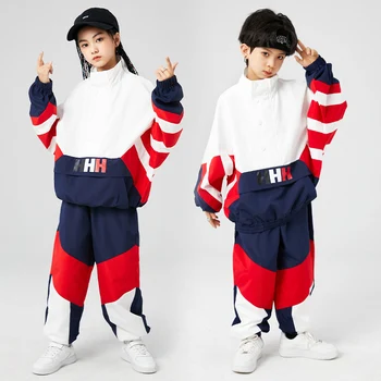 Детская одежда в стиле хип-хоп, подростковое шоу, бело-красный пуловер, куртка, топ, повседневные штаны для уличных пробежек для девочек и мальчиков, танцевальные костюмы, комплект одежды