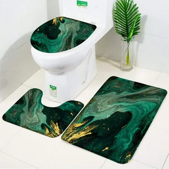 Набор ковриков и ковриков для ванной с мраморной текстурой, Изумрудно-зеленый драгоценный камень, Синее золото, текстурированный нескользящий коврик для ванной, крышка для унитаза, Декор для ванной комнаты
