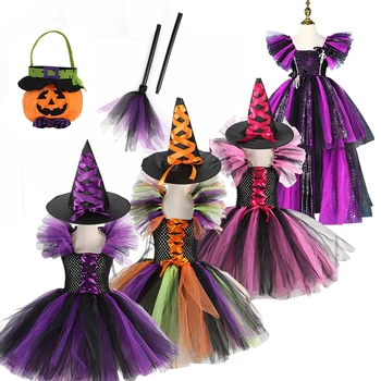 Костюм на Хэллоуин для детей, Косплей Ведьмы для девочек, Маскарадное Платье для Детей, Карнавальные Вечерние Сетчатые платья-пачки, Одежда, Vestidos от 2 до 12 лет