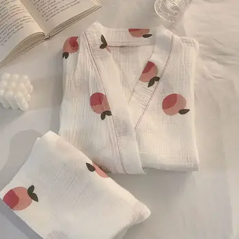 Пижама-кимоно женская весенне-осенняя пижама mujer с длинными рукавами pour femme 2023, новая милая домашняя одежда персикового цвета