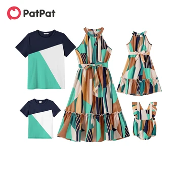 Комплекты одежды для семьи PatPat в цветную гамму, платья на бретелях без рукавов с поясом и футболки