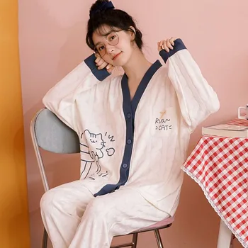 Женские Пижамные комплекты SUO & CHAO из чистого хлопка, Кардиган с длинным рукавом и V-образным вырезом, ночная рубашка, 2 предмета домашней одежды