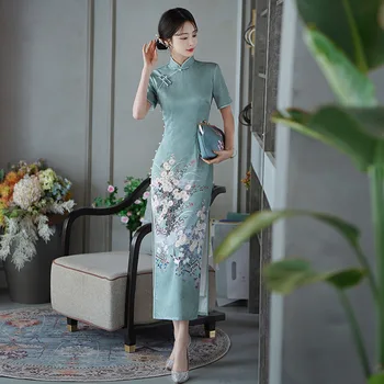 Новое Весенне-летнее 2023 Длинное двухслойное Китайское платье Ципао 