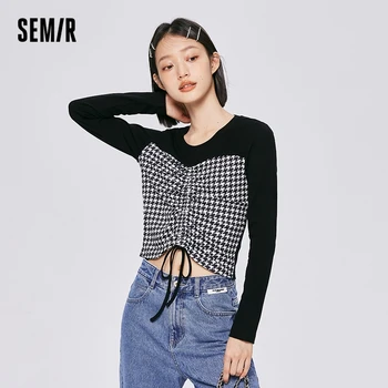 Женская короткая футболка Semir с длинными рукавами, Осень 2023, Новый модный трикотаж, винтаж