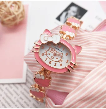 HelloKitty Студенческие Мультяшные металлические Часы-браслет с бриллиантовым бантом, Аналоговые цифровые часы, часы для подарков