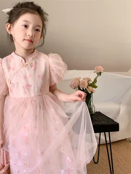 2023 Новая Юбка, Детское платье Принцессы с рукавами-пузырями, Платье для девочек, Летнее платье Чонсам для девочек в Китайском стиле, Детская одежда