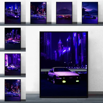 Настенные художественные плакаты и принты Subaru Impreza STI Синий Спортивный автомобиль Ночной вид города Холст Картина Декоративные картины для гостиной