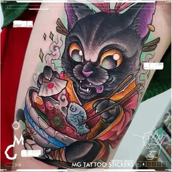 Кошка Ест Рамэн, поддельные татуировки, долговечные водонепроницаемые татуировки, наклейки для женщин, мужчин, японские мультяшные руки животных, милые временные татуировки